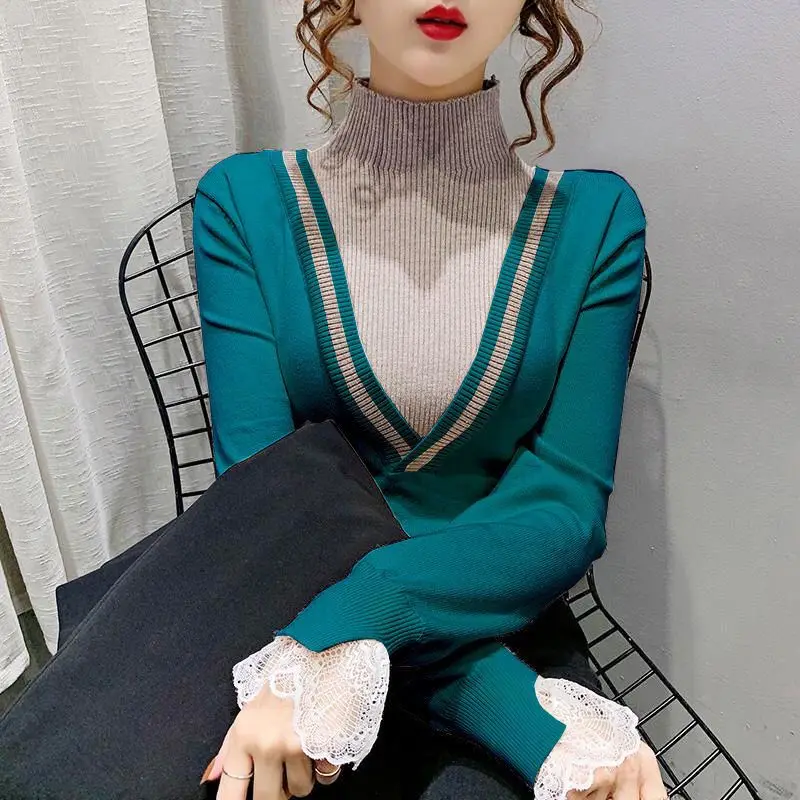 

2024 Autumn New Women's Fake Two-piece Semi-turtleneck Lace Versatile Long-sleeved Slim-fit Knitted Sweater Pullover