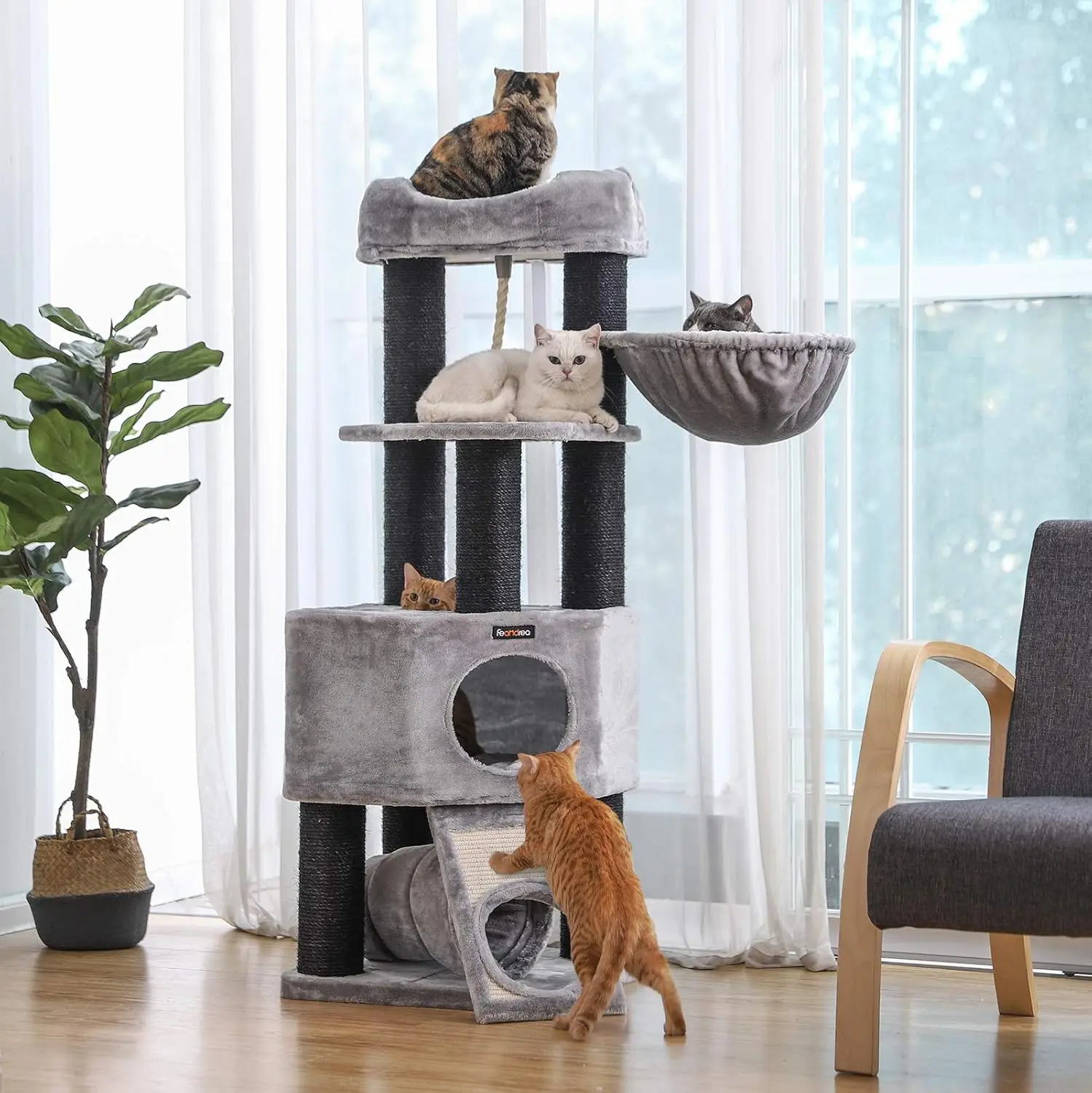 FEANDREA scratching post larger 141cm thick column stable tilt guard cat tree