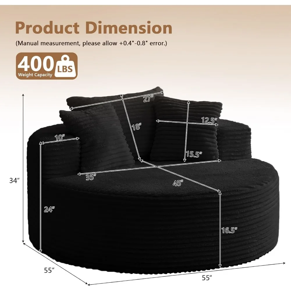 Oversized Round Corduroy Lounge Chair, Deep Seat Circle Sofa for Living Room, No Assembly, Black