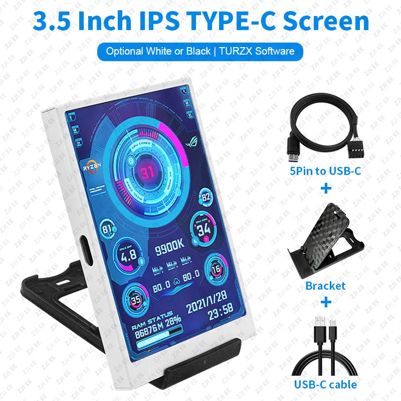 TURZX-3.5 3.5 Inch IPS TYPE-C Secondary Screen DIY Computer Monitor USB-TYPEC Secondary Screen for Windows Built-in Software