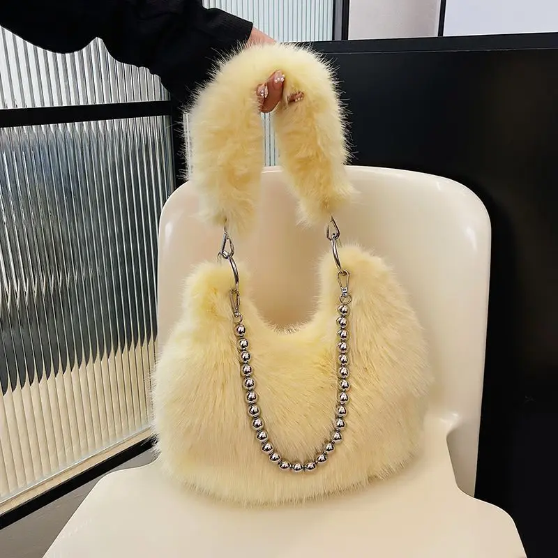 Chic Plush Fluffy Shoulder Bag for Women - Pearl & Chain Mini Purse Elegant Casual Soft Handbag