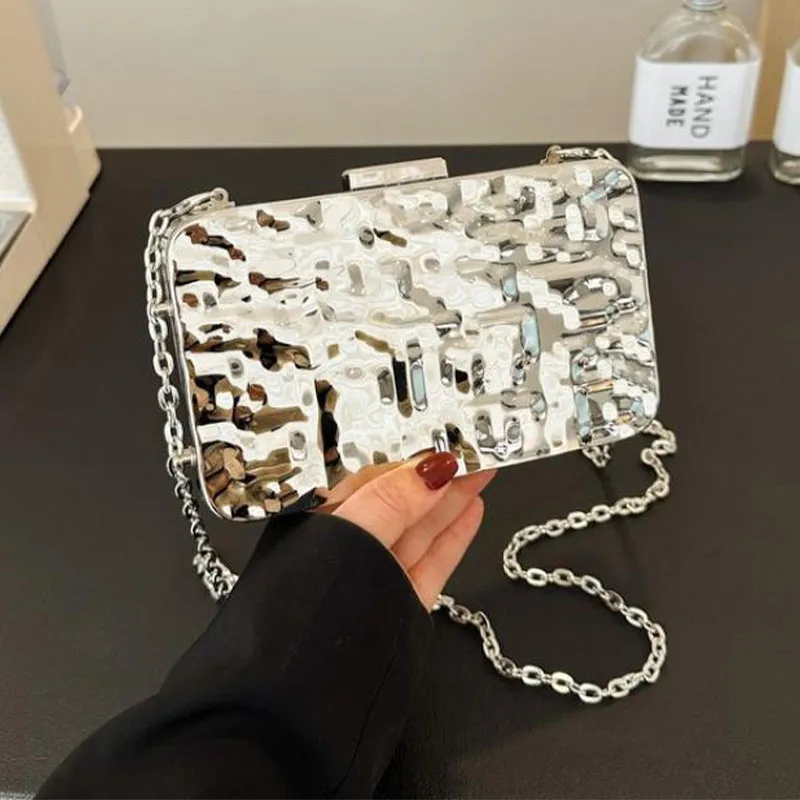 2024 Silver Gold Tinfoil Pleated Clutch Handbag Women's Acrylic Square Evening Bags Designer Luxury Lady Shoulder Messenger Bags