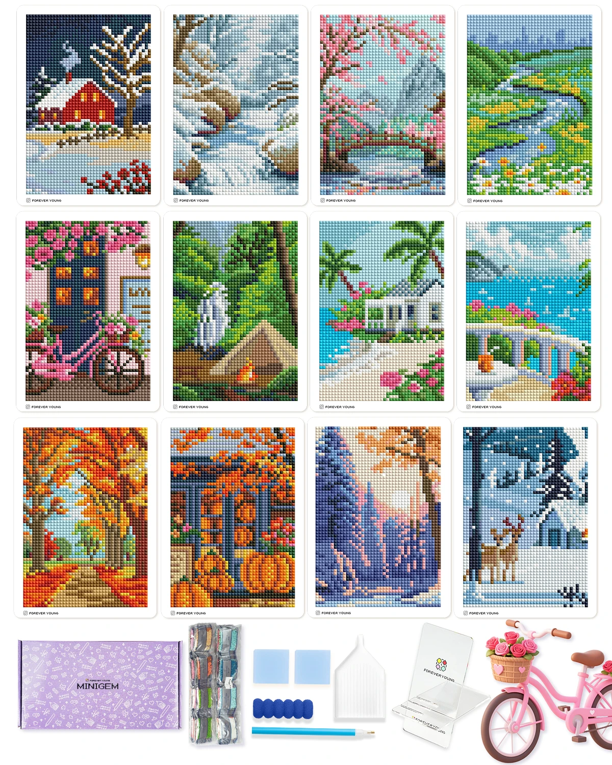 

Foreveryoung Minigem маленькие алмазные художественные наборы для начинающих, 12 шт., квадратные дрели, наборы для алмазной живописи в стиле открытки, набор для 12 месяцев