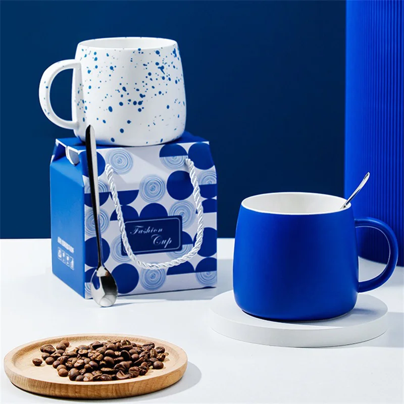 

500ml Blue Ceramic Mug Gift Package Coffee Cup Creative design Splash ink Breakfast Oatmeal Cup Festival Gift Porcelain Mug