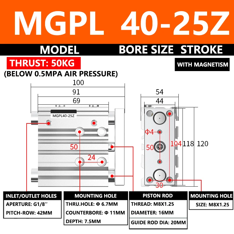 

ABILKEEN MGPL Series Pneumatic Compact Guide Cylinder MGPL40-25Z 40MM Bore X 25MM Stroke Thin Three Axis Three Rod Air Cylinder