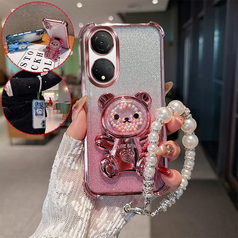 Cute Bear Cartoon Holder Pearl Lanyard Strap Shockproof Glitter Phone Case For Huawei Honor X7 7 4G Play 30 Plus Back Cover