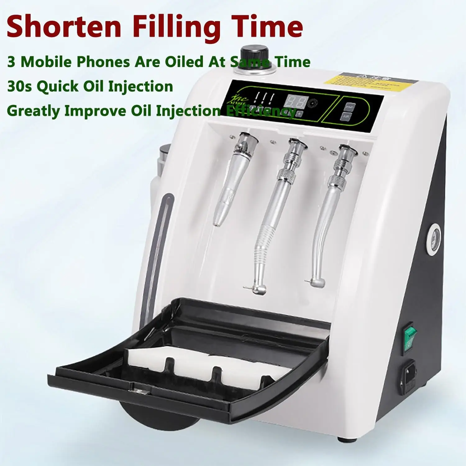 

Система смазки и очистки стоматологических наконечников: устройство для очистки маслом с 3 насадками и клапаном регулировки давления