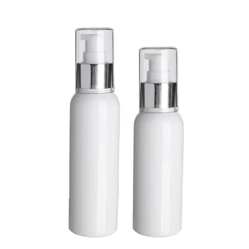 

20Pcs Lotion Bottle Round Shoulder Silver Pump 100ml 120ml 200ml 250ml Empty White Plastic Cosmetic Packaging Refillable Bottle