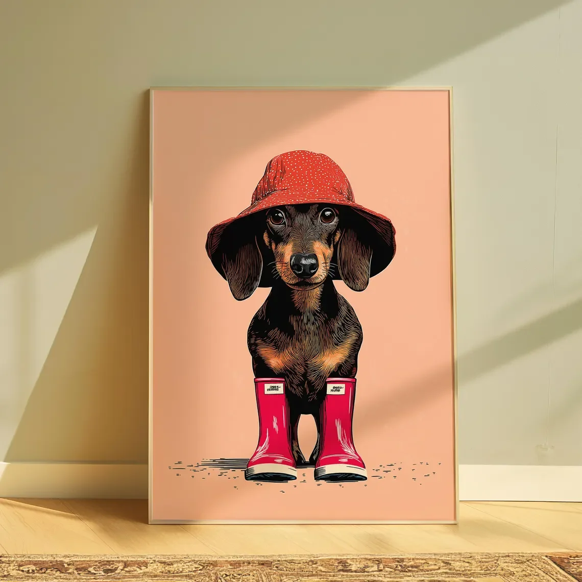 Charming Rainy Day Dachshund Wall Art - Cute Print Celebrating Canine Style. The Soft Blush Backdrop and Bold Red Accents Create