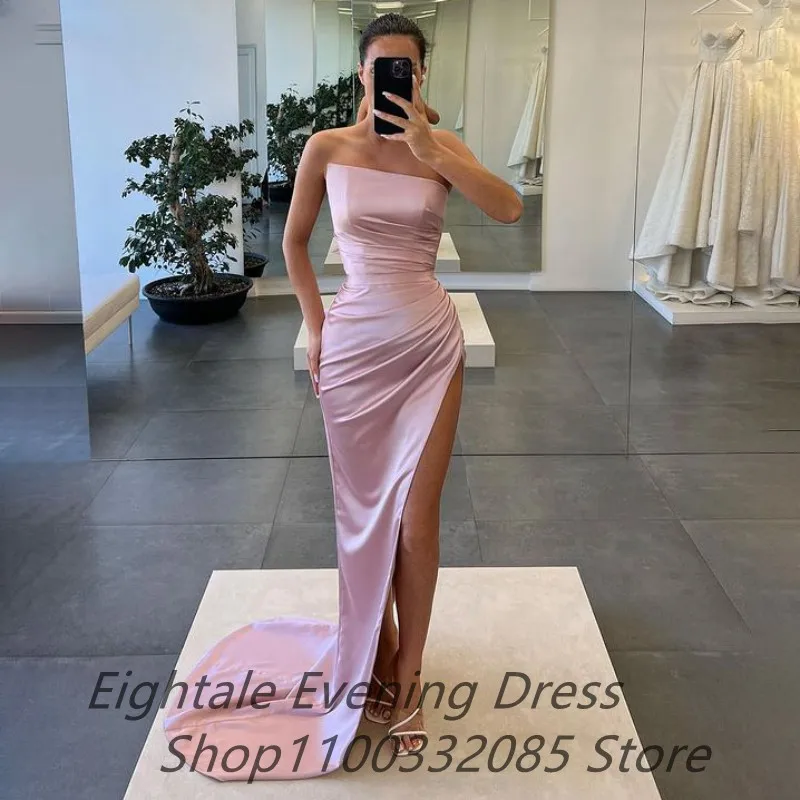 Eightale 2023 Champagne Satin Prom Dress Sexy Slit Evening Party Dress Strapless Women Formal Prom Gown Robes De Soirée