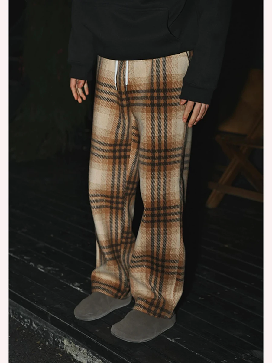 

Теплые шерстяные брюки в клетку для мужчин, зимние модные брендовые прямые брюки с высокой талией, свободного кроя, молодежные, утепленные