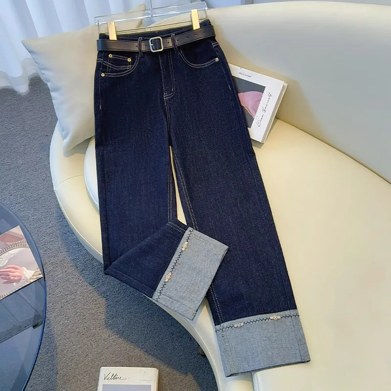 

Прямые брюки, джинсы, женские джинсовые брюки с вышивкой и высокой талией, эластичные потертые карманы, винтажные брюки полной длины, уличная одежда