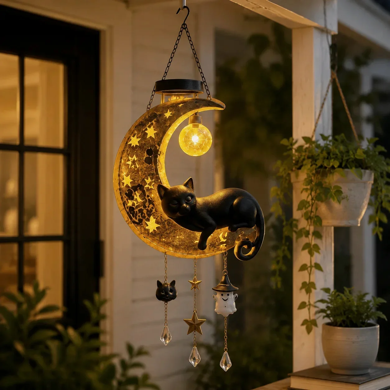 Solar LED Illuminated Hanging Moon Cat Lamp Resin Art Sculpture Outdoor Garden Porch Night Light Home Decor Garden