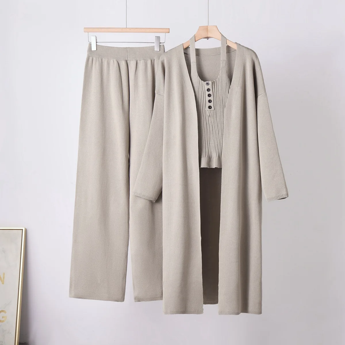 Europe, America, Women's Autumn And Winter New Slim-fitting And Thin Knitted Cardigan, Sling Vest, Wide-leg Pants, Knitted Three