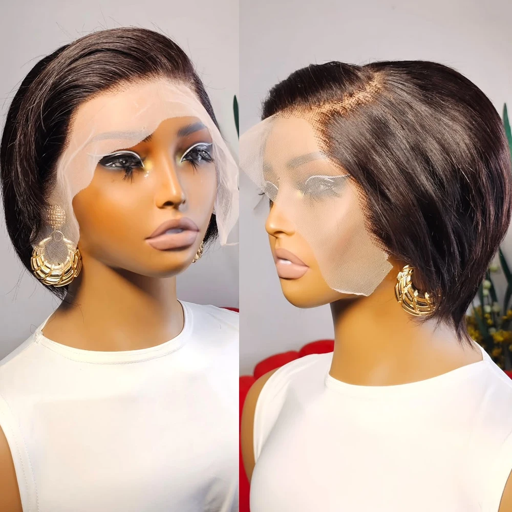 Ombre T1B/4 Braun Kurze Pixie-Cut-Perücken für Frauen Echthaar 200% Glatt Schokoladenbraun Lace-Front-Bob-Perücke Brasilianisches Remy-Haar – Detail 16