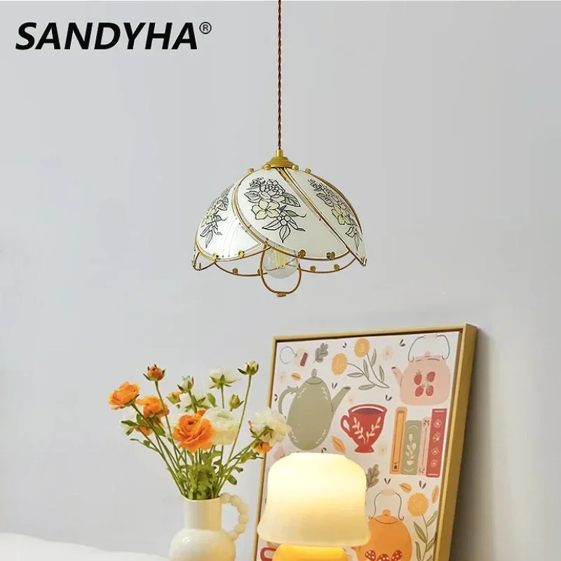 Nordic French Glass Pendant Light Petal Shaped Hanging Chandelier Led Lamps for Bedroom Decoration Bedside Dining Table Lighing