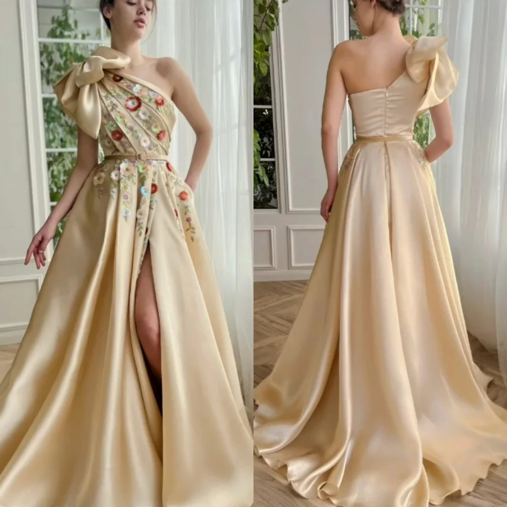 Customized S Draped Bow Applique Party Ball Gown One-shoulder Bespoke Occasion  Long Dresses