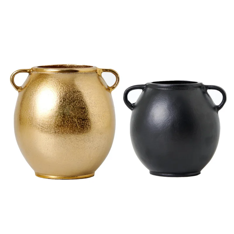 Vase creative aluminum gold, black binaural big belly flower ware model room living room vase ornament