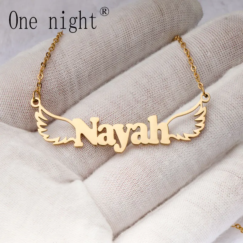 Custom Name Necklace for Couples Stainless Steel O Chain Wing Shape Personalized Nameplate Pendant Romantic Valentine Gift