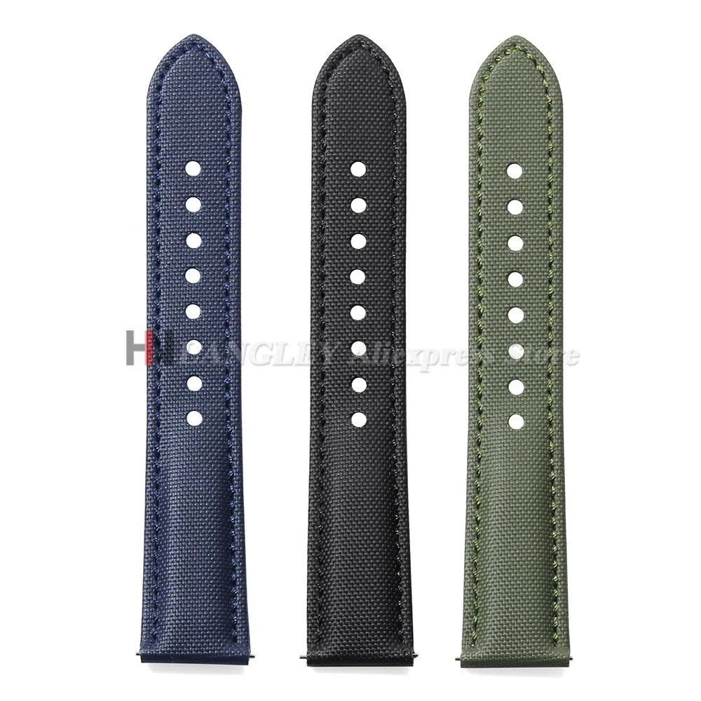 Sailcloth Nylon Leather Watchband for Omega for Seiko Business Watch Strap 18mm 20mm 22mm Butterfly Buckle Stitching Green Belts image 6