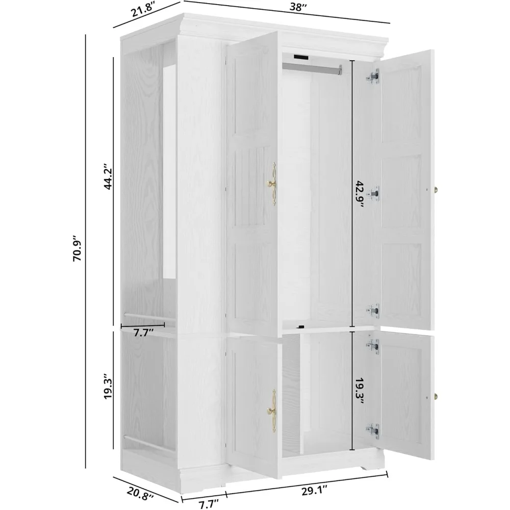 خزانة ملابس خشبية قائمة بذاتها مقاس 70 بوصة مع مرآة و4 أبواب، تتميز برفين مفتوحين لتخزين غرفة النوم