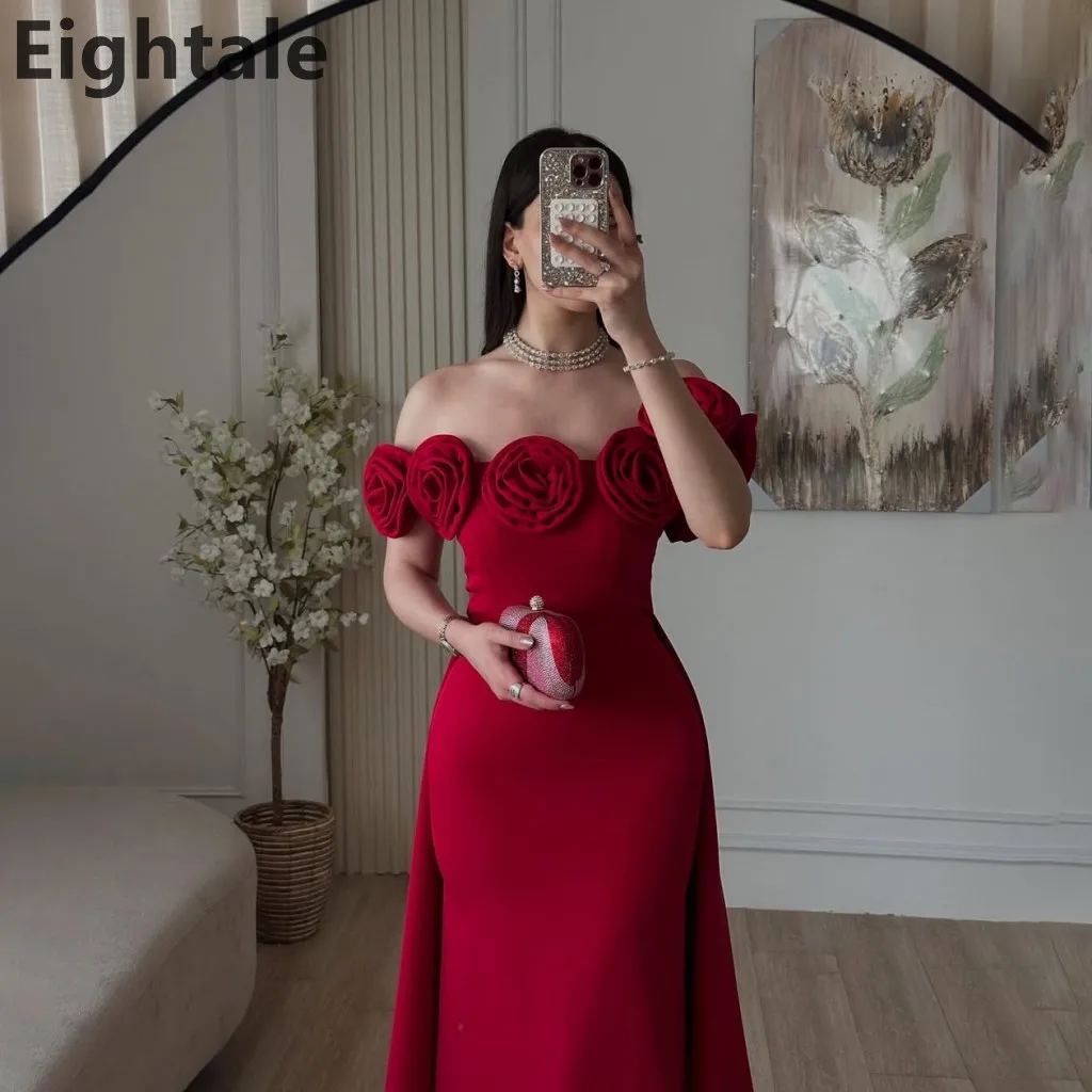 

Eightale 2025 красное платье русалки из джерси макси вечернее платье с открытыми плечами и цветами платье для выпускного вечера Саудовская Аравия вечернее платье по индивидуальному заказу
