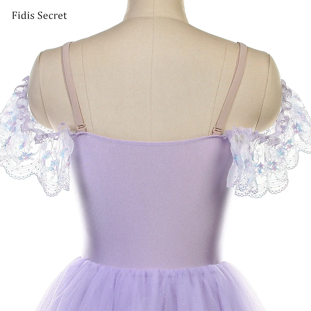 أزياء تنورات قصيرة باليه رومانسية طويلة على طراز الفلاحين باللون الأرجواني الفاتح للفتيات، ملابس راقصة الباليه نابولي/ملابس مسرح المنافسة