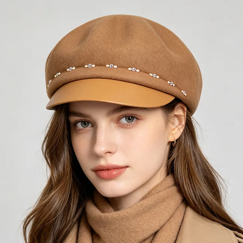 New Fashion Winter Wool Beret Hat For Top Quality Women Solid Leather Brim Equestrian Hats Warm Female Best