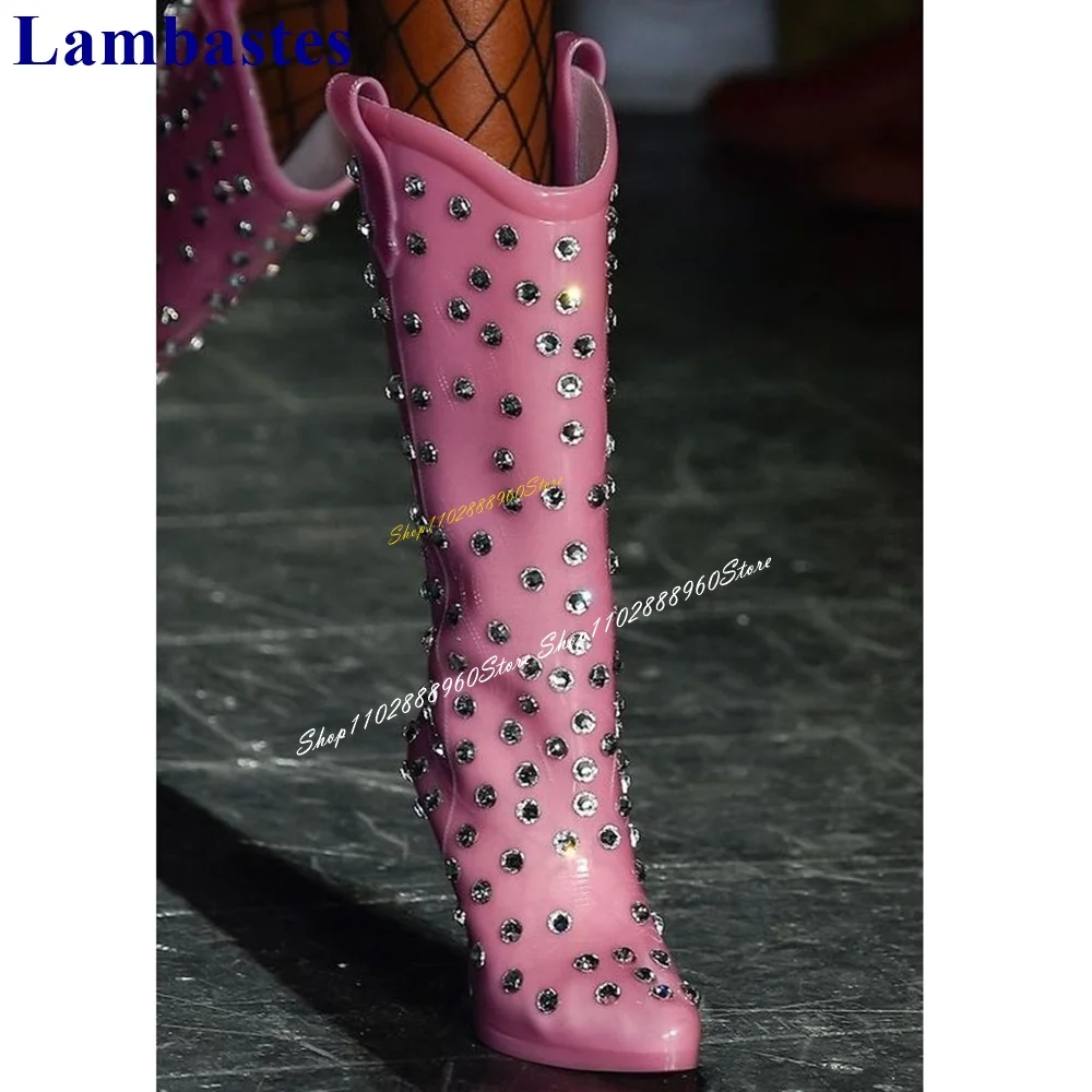 Runway Mid Calf Pink Crystal Decor Rain Boots Thin High Heel Women Shoes Slip On Pointed Toe 2024 Fashion Zapatos Para Mujere