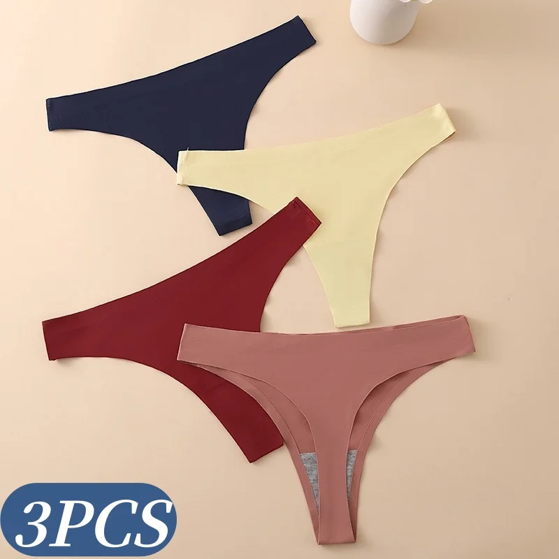 3-teiliges Set Damen Eisseiden-Tangas, Niedrig Sitzender G-String, Einfarbige Unterhosen, Atmungsaktive Unterwäsche, Sexy Dessous, Größen M-XL