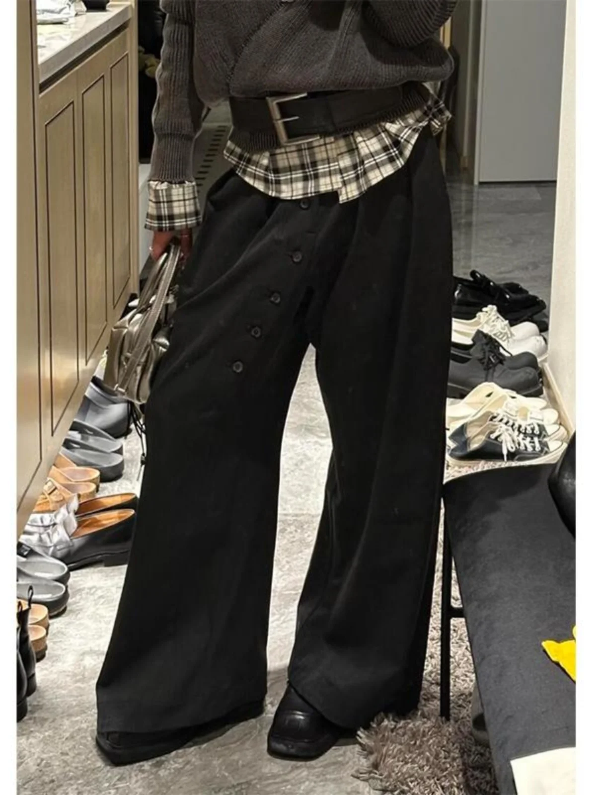 

American Retro Black Grey Suit Pants Women's Loose Floor-Length Trousers Spring Street Vibe High Waist Wide Leg Cotton Pants