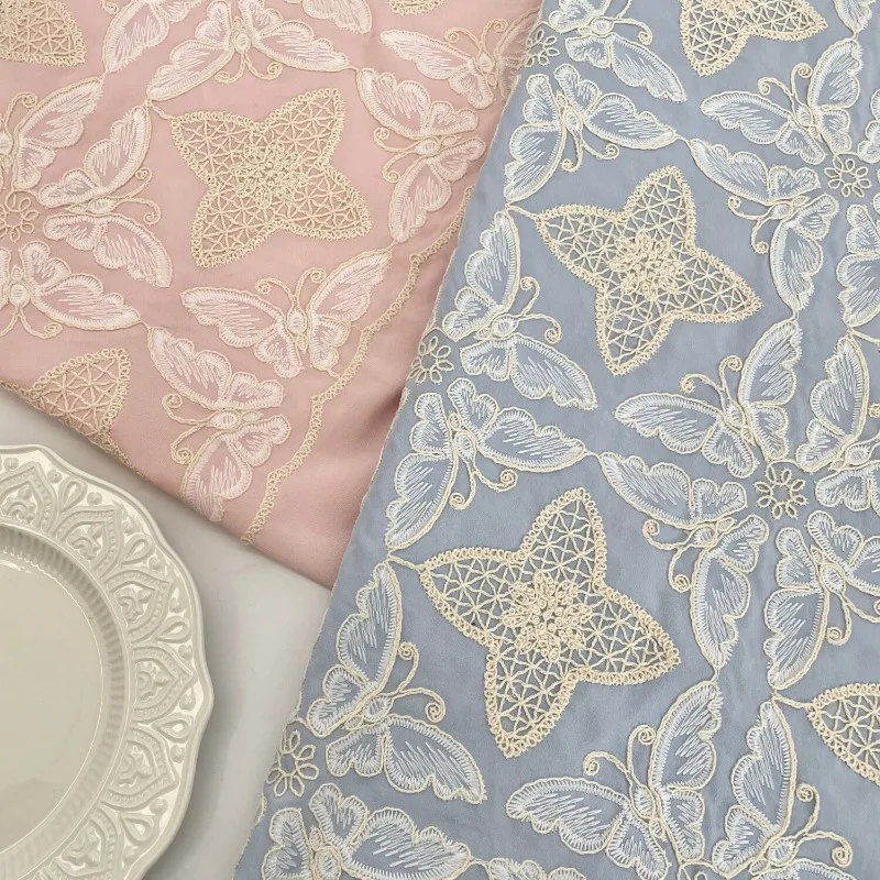 

Ткань из тюля в китайском стиле, светло-розовая, с вышивкой бабочек, ручной работы, для штор, скатертей, декора, платьев, рукоделия