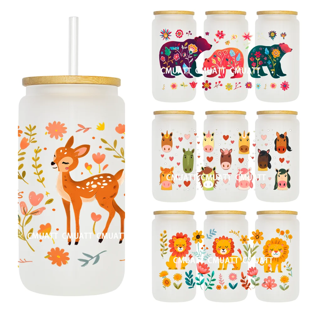 

Cute Animals With Colorful Flowers 16OZ UV DTF Cup Wrap Transfer Sticker Custom Labels DIY Waterproof Logo For Libbey Glass Can