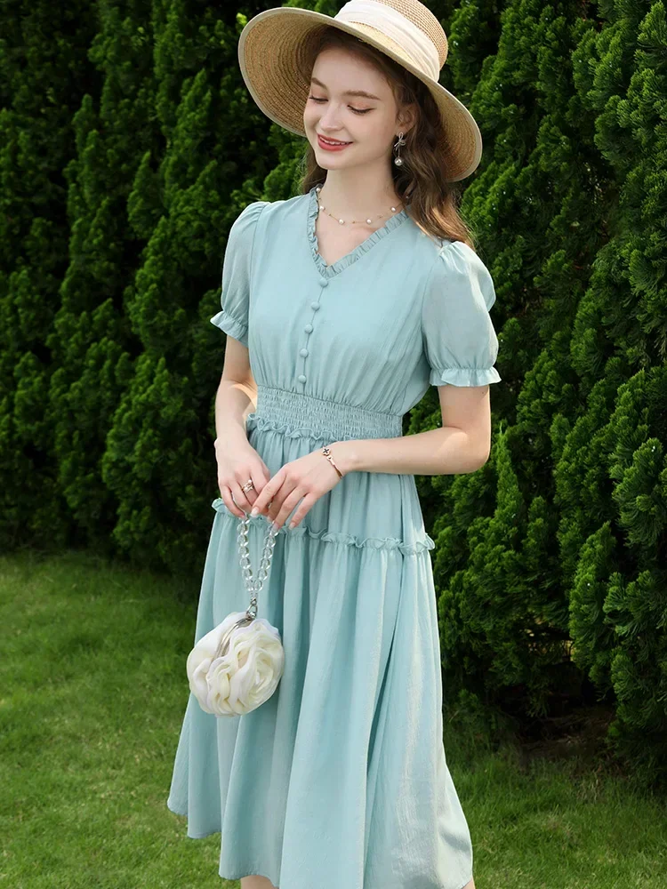 I BELIEVE YOU Green French Women Dresses Office Lady 2023 Summer New V Neck Elastic Waist Female Dresses A Line 2303001370