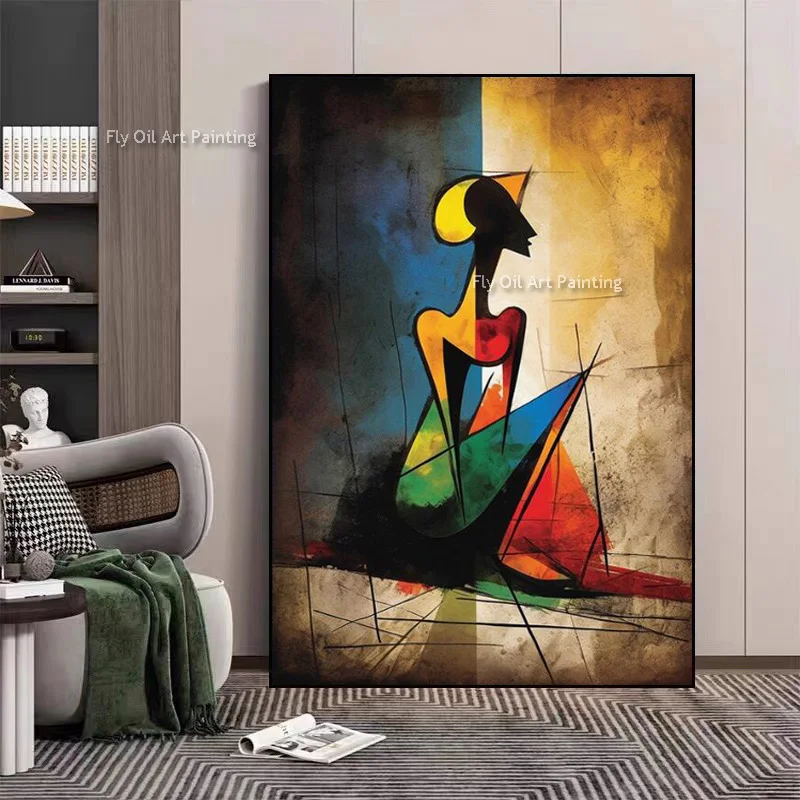 Coloful Abtract Portrait Face Art Oil Painting Hand Drawn Blue Beige Woman Sit On Land Canvas Wall Art For LIving Room Decor