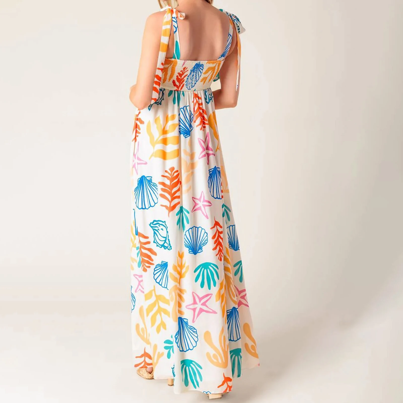 ผู้หญิงชุดยาวเปลือก/ดอกไม้พิมพ์ Tie-Up สายรัด Cami ฤดูร้อน Beachwear สีสวยสําหรับ Streetwear วันหยุด