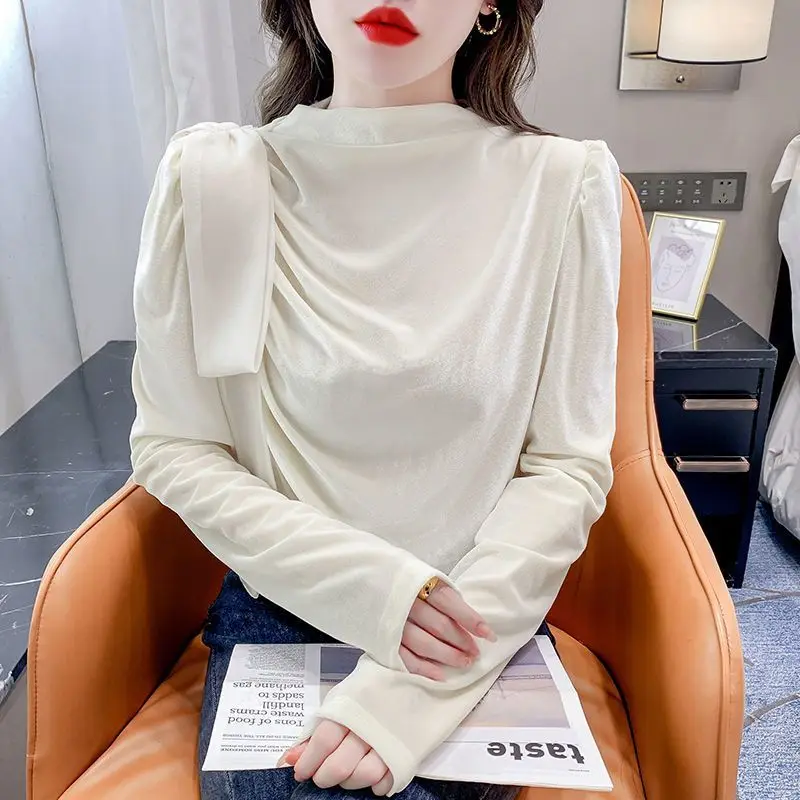 

Long Sleeve Lacing Velvet Pleated Elegant Tops Women Clothing Solid All-match High Street T Shirts Fashion Office Spring Autumn