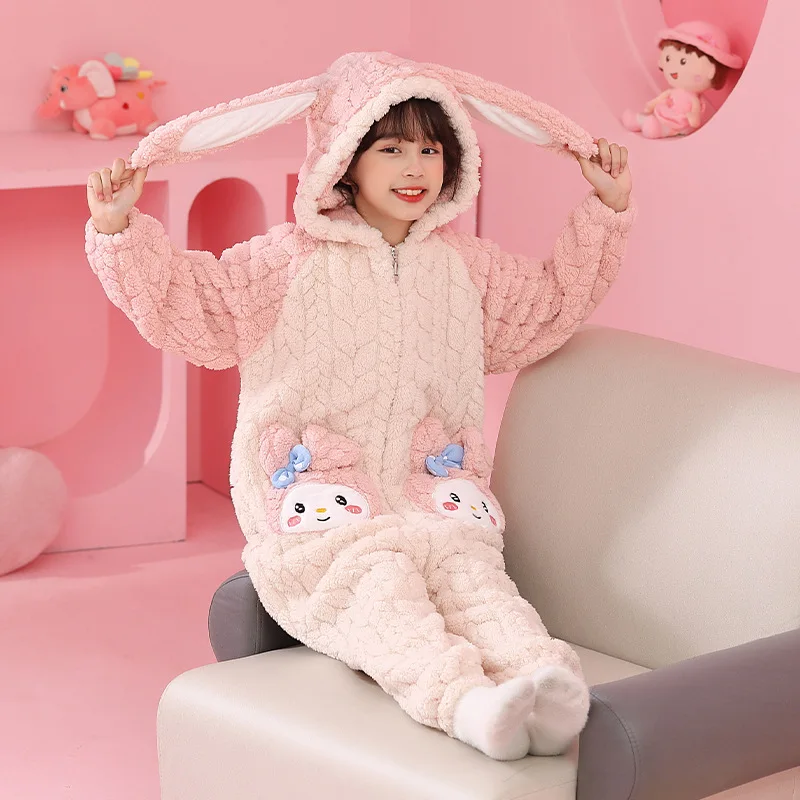 Kuromi Siamese Pajamas Sanrios Child Suit Girl Autumn Winter Kawaii Cartoon Coral Fleece Child Flannel Sleeping Bag Keep Warm