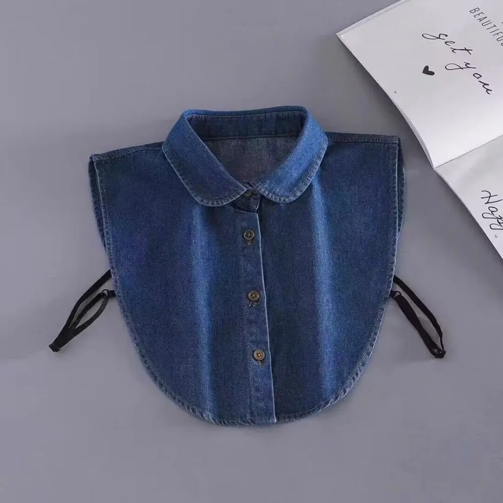 

NEW Cotton Denim Fake Collar Lapel Buttons Adjustable Straps Women Fake Collar Clothes Accessories Blue Detachable Collar Women