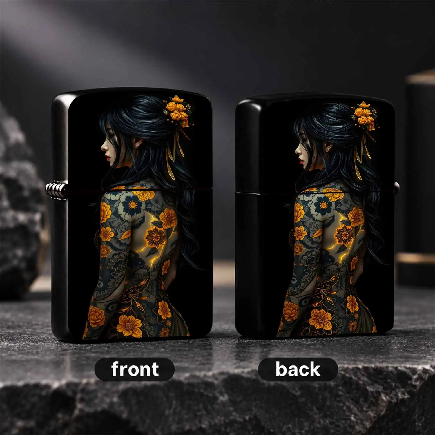 Exquisite Portable Igniter Printed with Aesthetic Oriental Lady and Golden Floral Art Pattern, Stylish Creative Decor Item, Suitable for All Daily Scenarios, Perfect for Gifting to Friends, Family or  A Humorous And Interesting Lighter