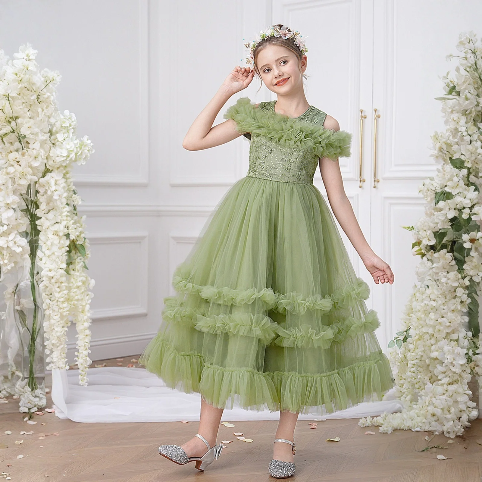 

Princess Style Shiny Sequin Puffy Skirt Children's Dress Flower Girl Wedding Dress Piano Performance Outfit Cross-Border New