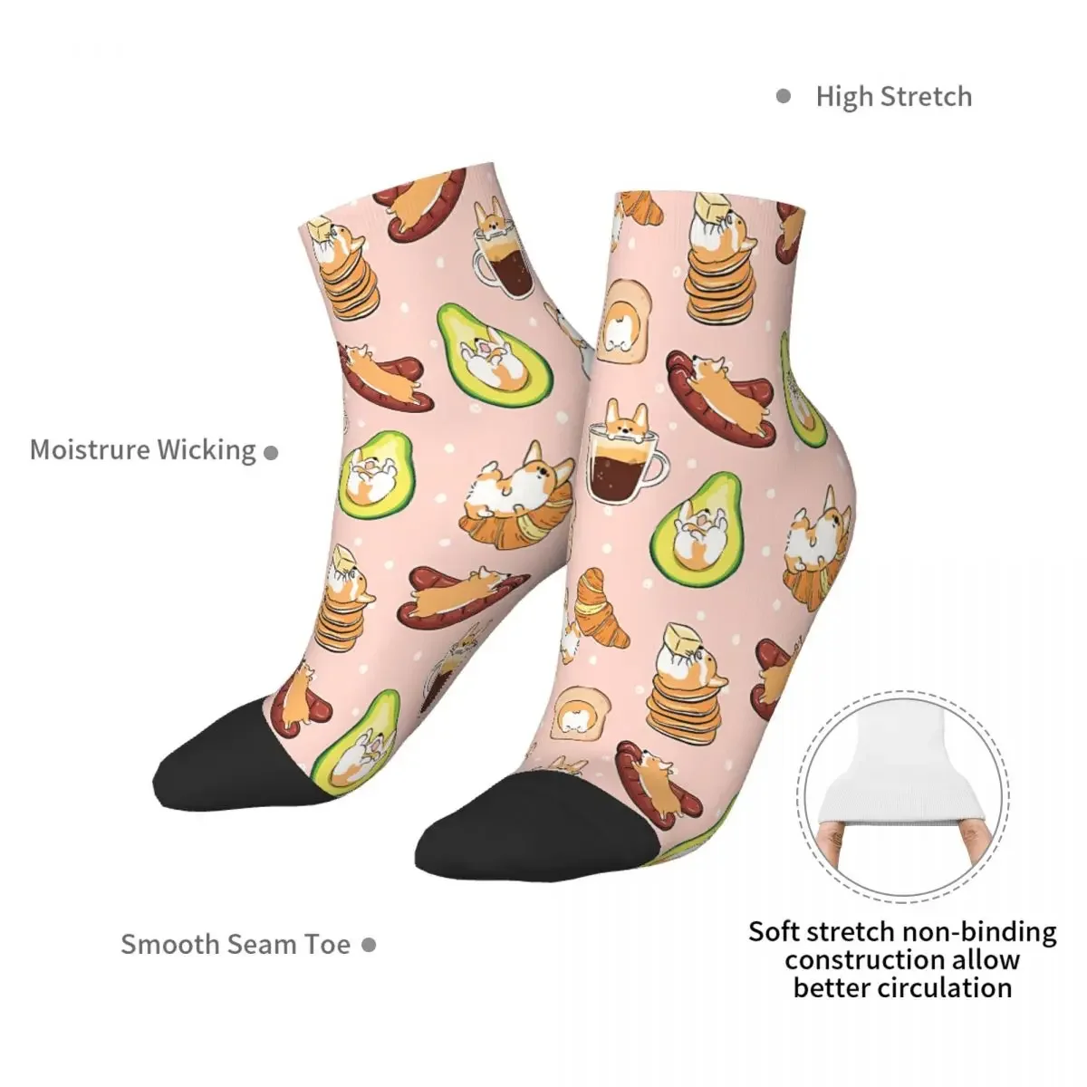 Pink Breakfast Corgi Ankle Socks Male Mens Women Spring Stockings Printed