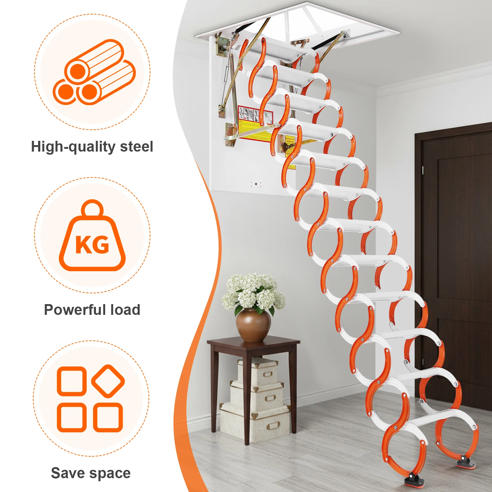 12 Step 10.17ft Adjustable Ceiling Mount Attic Ladder Load Capacity 661Lbs Folding Ladder Extension Loft Stair for RV Storehouse