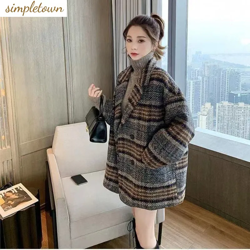 

Autumn and Winter Korean Edition New Women's Plush Fashion Loose Retro plaid Coat