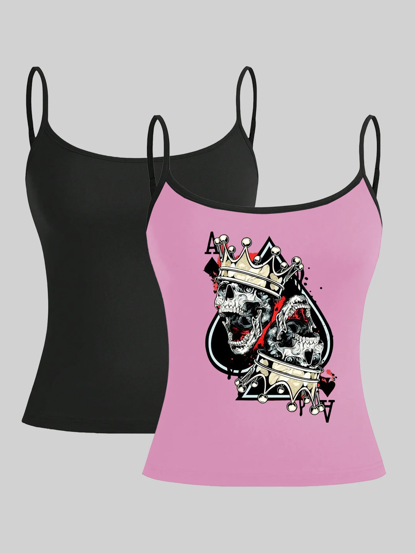 

Neo-Gothic Wardrobe Pair: Royal Flush Motif with Bone Detailing and Classic Black Camisoles for Women's Versatile Styling