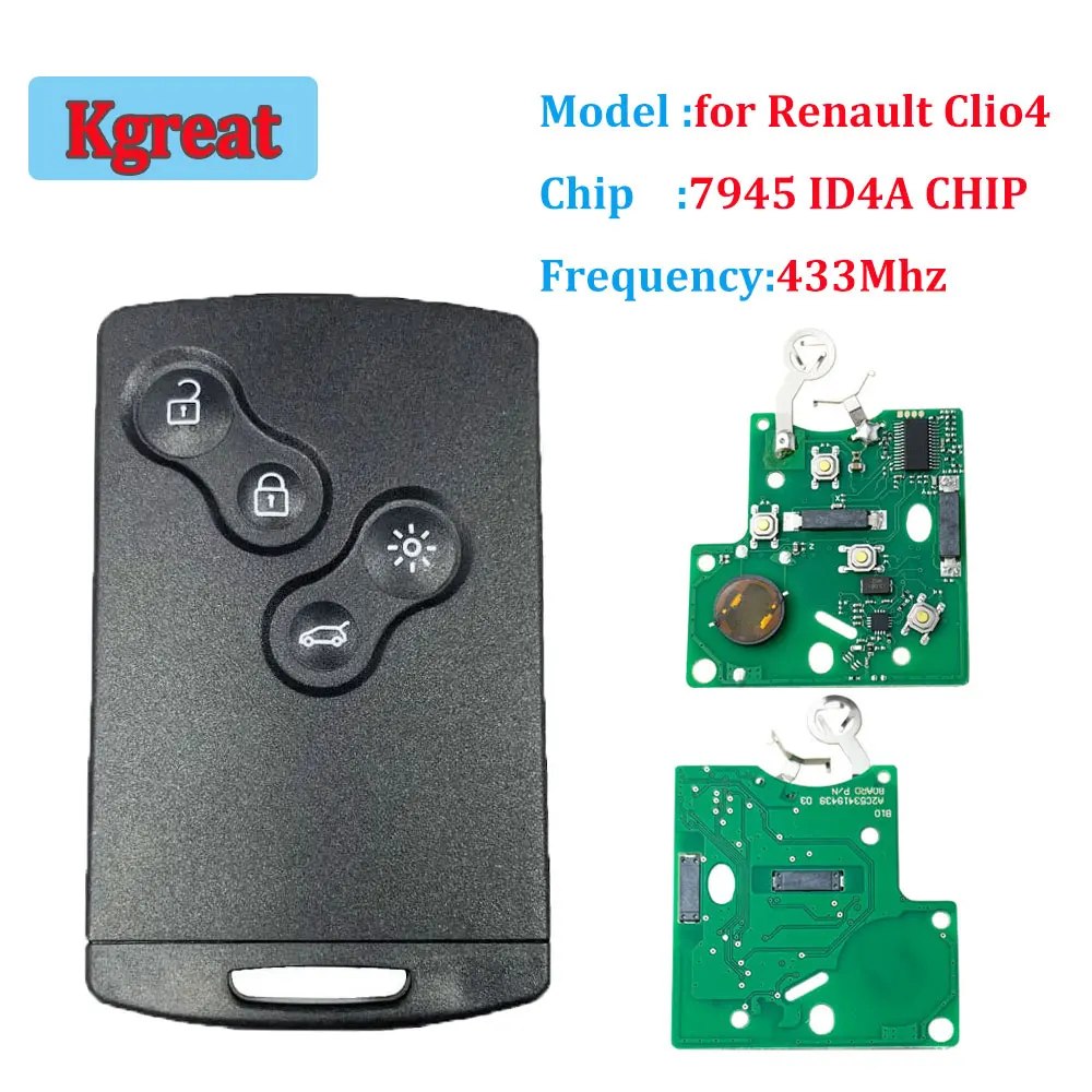 Car Remote Key Smart Card 4 Buttons PCF7945 4A Chip 433Mhz for Renault Clio 4 Captur Passive Keyless Go Entry Remote HandsFree