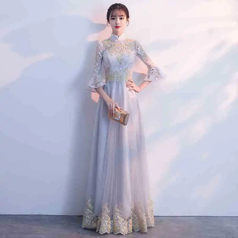 

Banquet Evening Dresses Female 2022 New V-neck Elegant Long-sleeved Long Models Thin Chinese Wedding Party Dresses