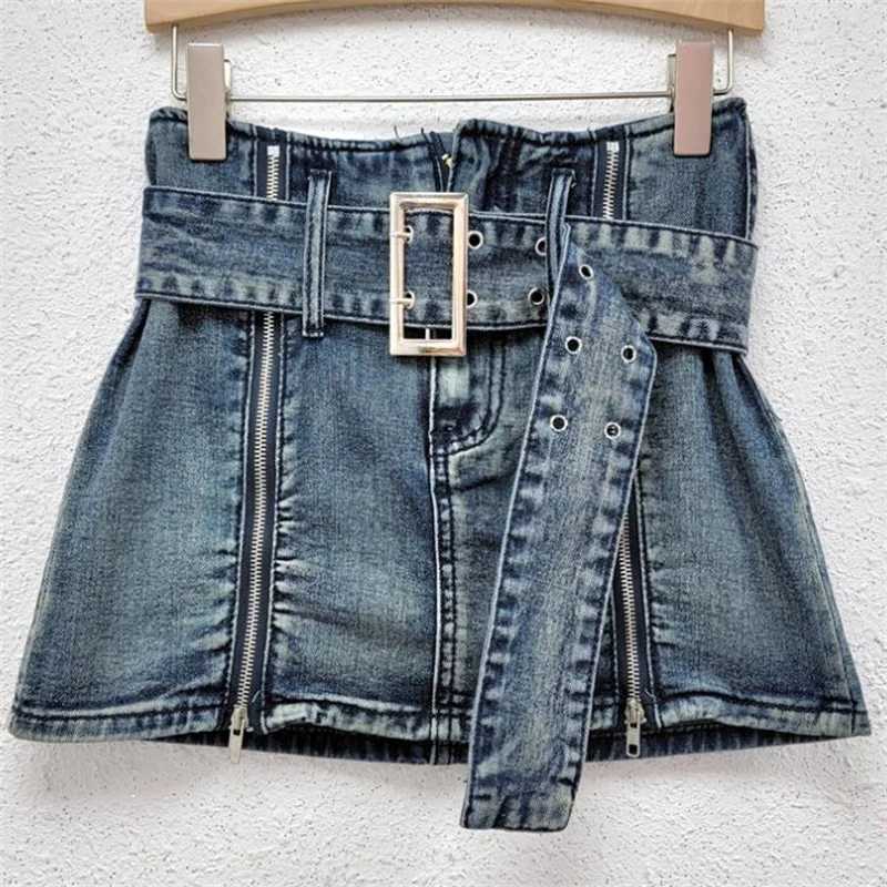 

Short skirt 2022 summer zipper sexy denim skirt a line women stretch belt short skirt