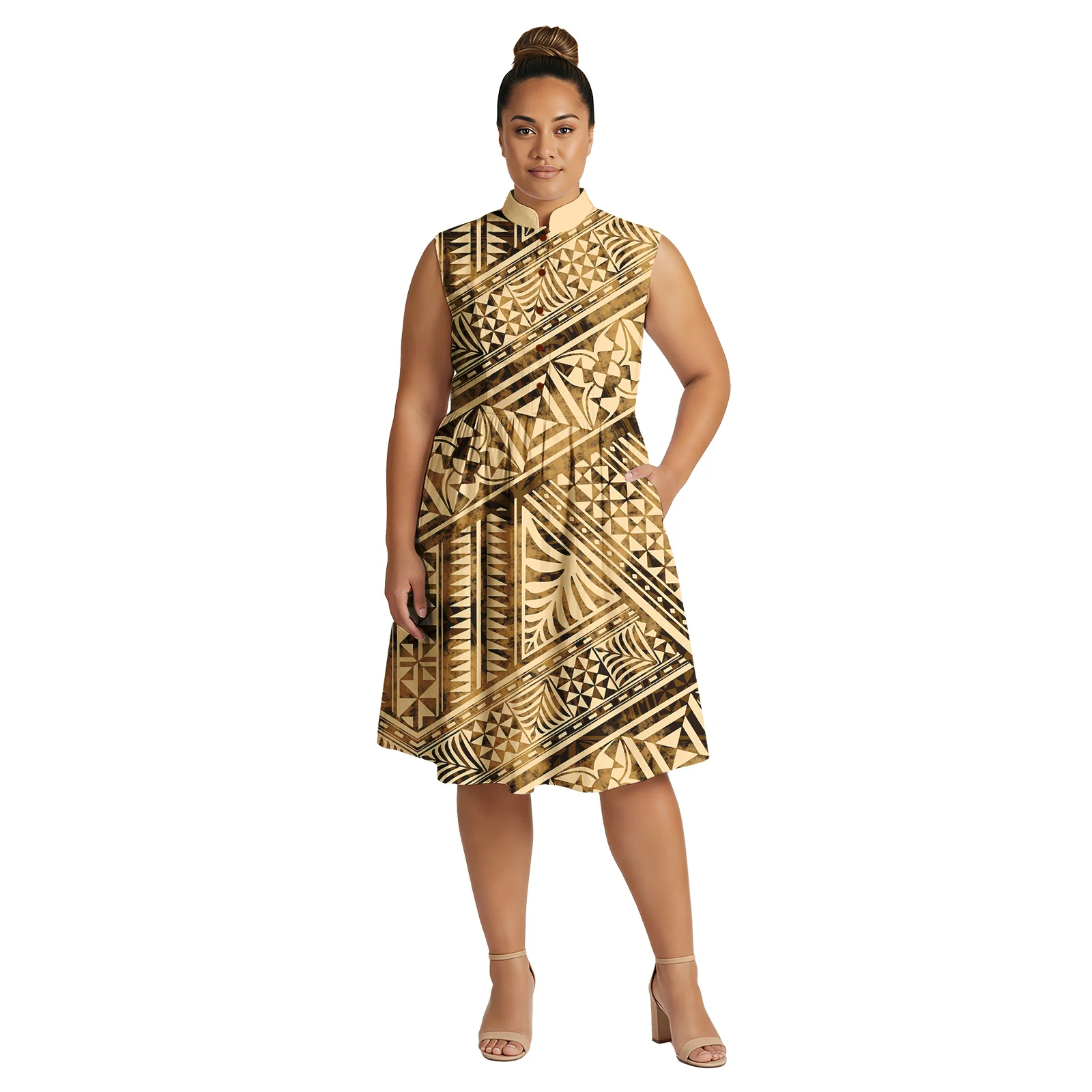 

Customized on Demand Clothes Hawaiian Island Midi Dress Polynesian Plus Size Women Wear Ladies Tribal Pocket Samoan Dresses Tapa