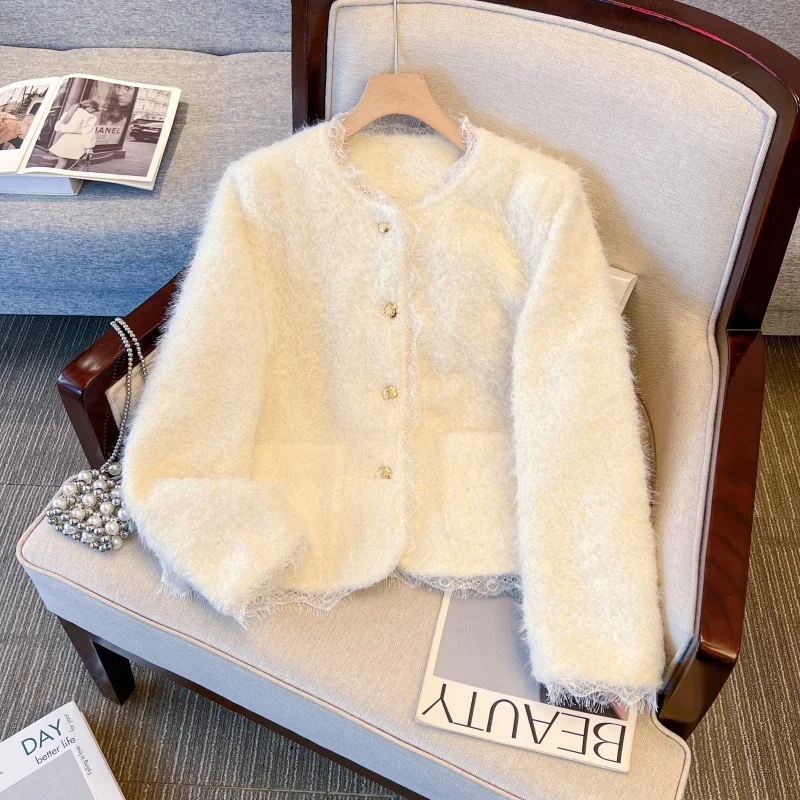 Imitation Lamb Plush Pink Padded French Front Shoulder Temperament Short Fragrant Coat Thickened Women Jackets